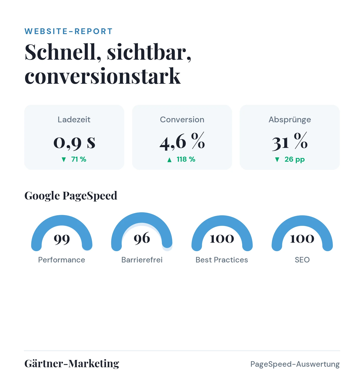 Website-Report mit Ladezeit, Conversion-Rate und PageSpeed-Bewertung