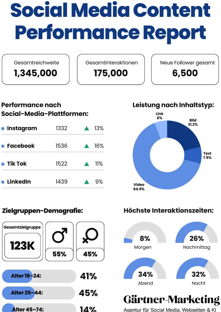 Social Media Content Performance Report mit Reichweite, Interaktionen und Zielgruppen-Demografie