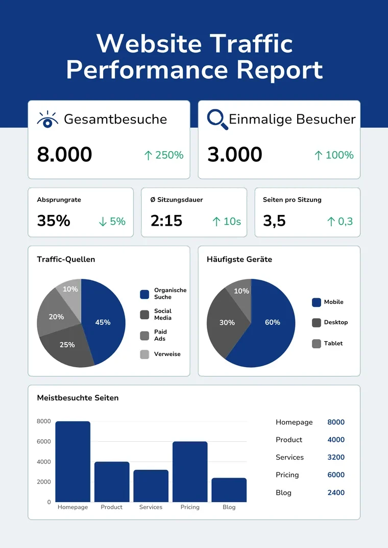 Website Traffic Performance Report mit Besucherzahlen, Traffic-Quellen und meistbesuchten Seiten