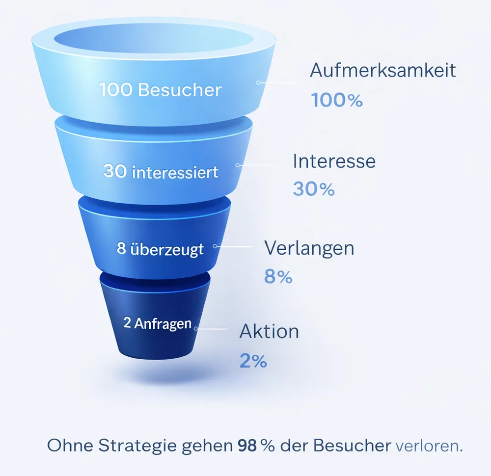 Marketing-Funnel-Infografik: Aus 100 Webseiten-Besuchern werden 2 qualifizierte Anfragen