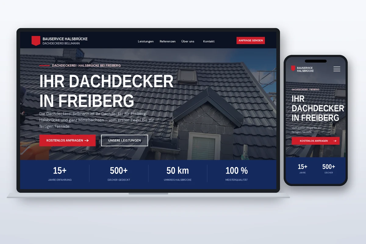 Webseiten-Mockup der Dachdeckerei Bellmann aus Halsbrücke bei Freiberg auf Laptop und Smartphone