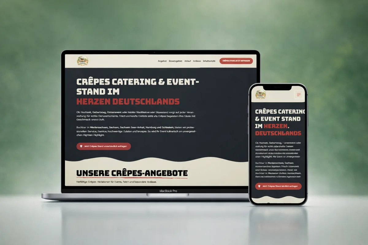 Webseiten-Mockup der kleinen Crêperie auf Laptop und Smartphone