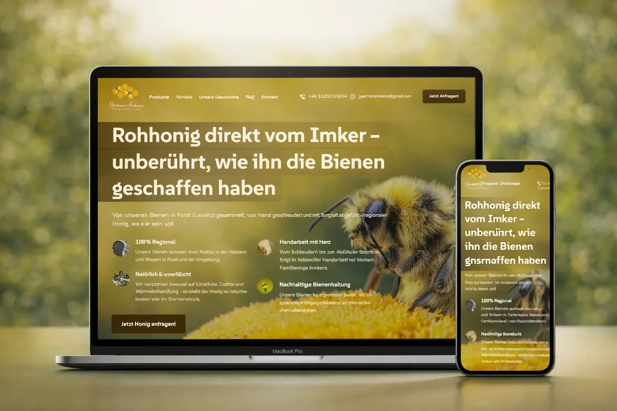 Webseiten-Mockup von Gärtners Imkerei aus der Lausitz auf Laptop und Smartphone