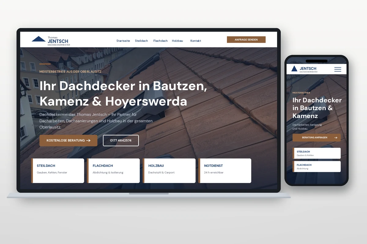 Webseiten-Mockup von Dachdeckermeister Thomas Jentsch aus der Oberlausitz auf Laptop und Smartphone