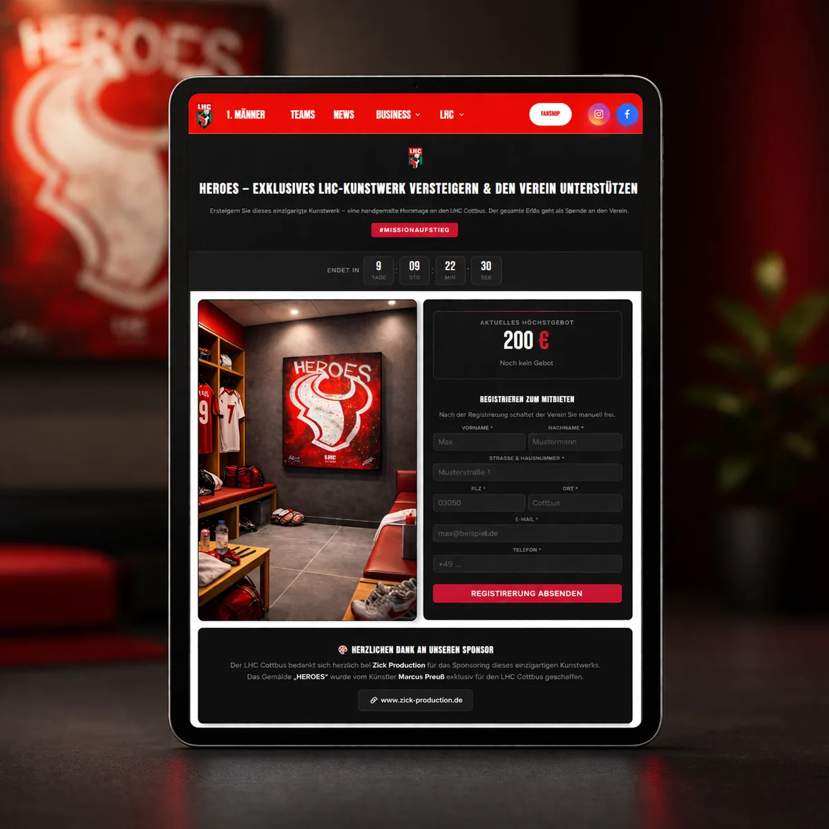 Screenshot des Online-Versteigerungstools für den LHC Cottbus