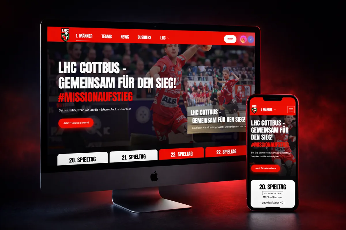 Webseiten-Mockup des LHC Cottbus auf Laptop und Smartphone