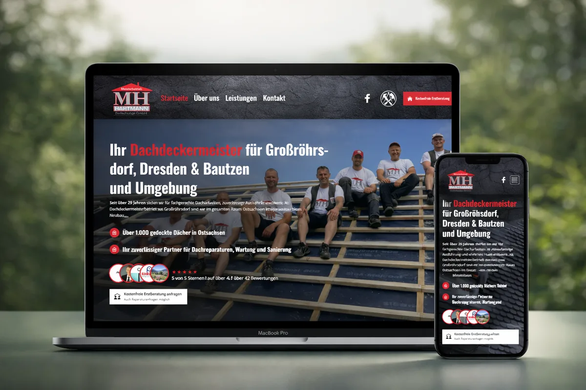 Webseiten-Mockup des Dachdeckerbetriebs MH Bedachung auf Laptop und Smartphone