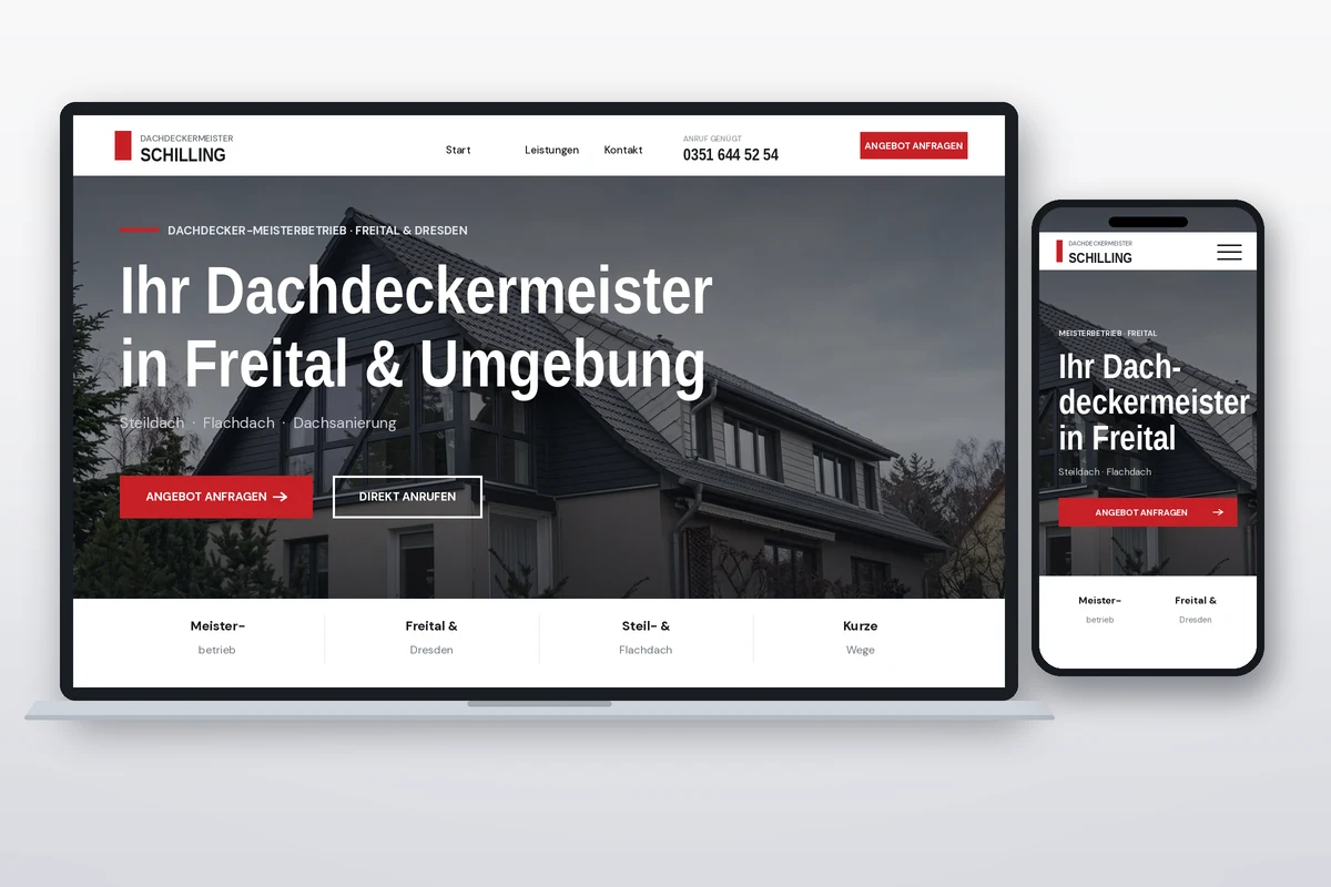 Webseiten-Mockup von Dachdeckermeister Schilling aus Freital auf Laptop und Smartphone