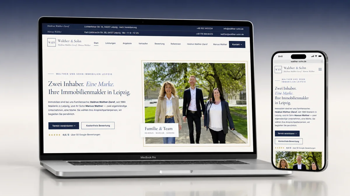 Webseiten-Mockup von Walther & Sohn Immobilien mit dem Objektportal